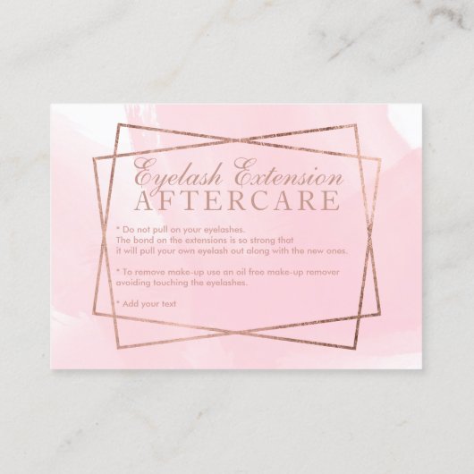 Moderne roos gouden script roze eyelash aftercare visitekaartje (Achterkant)