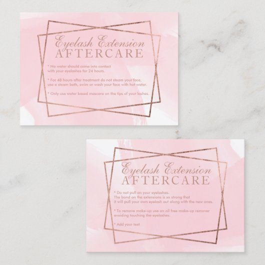 Moderne roos gouden script roze eyelash aftercare visitekaartje (Voorkant / Achterkant)
