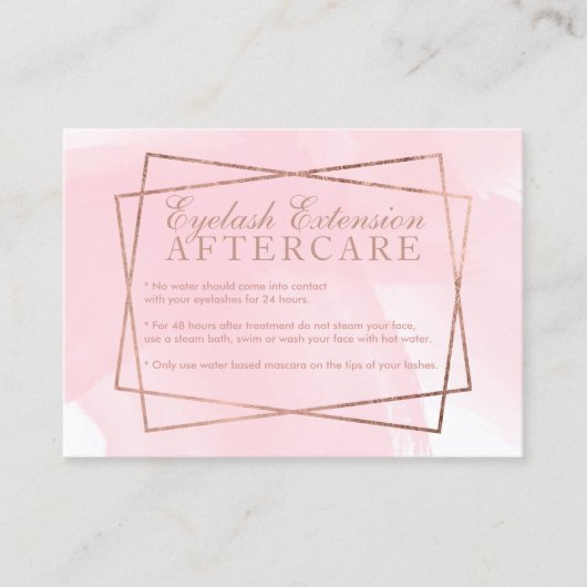 Moderne roos gouden script roze eyelash aftercare visitekaartje (Voorkant)
