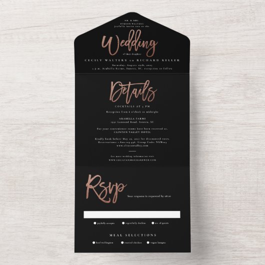 Moderne roos gouden scriptbruiloft all in one uitnodiging (Binnen)