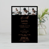 Moderne roos gouden zwarte initialen 4 foto's brui folie uitnodiging (Staand Voorkant)