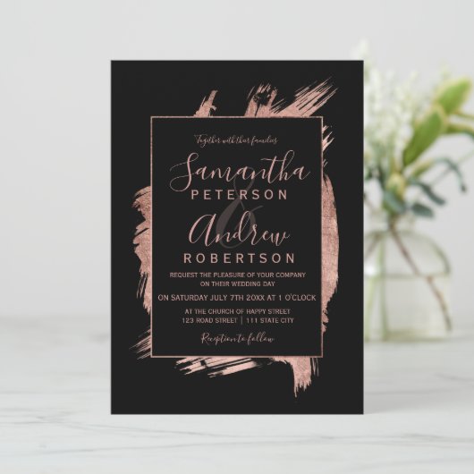 Moderne roos gouden zwarte lijst trouwerij kaart (Staand voorkant)