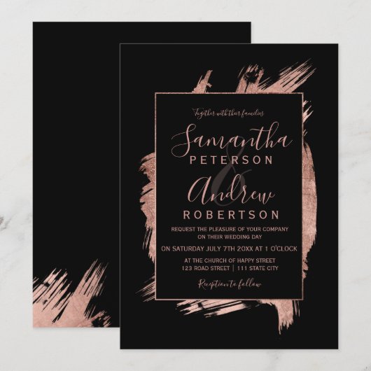 Moderne roos gouden zwarte lijst trouwerij kaart (Voorkant / Achterkant)