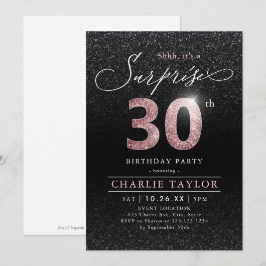 Moderne roos gouden zwarte verrassing 30ste verjaa kaart (Voorkant / Achterkant)