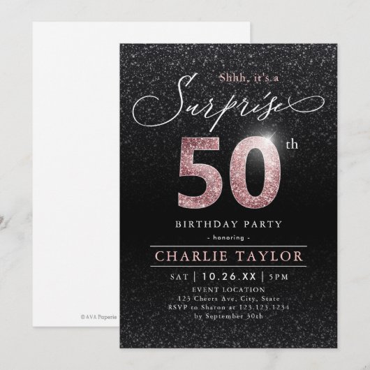 Moderne roos gouden zwarte verrassing 50ste verjaa kaart (Voorkant / Achterkant)