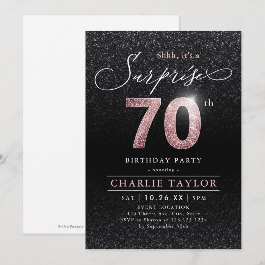 Moderne roos gouden zwarte verrassing 70ste verjaa kaart (Voorkant / Achterkant)