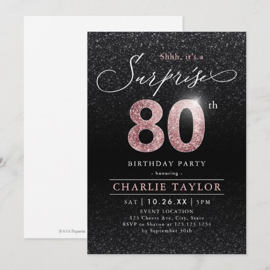 Moderne roos gouden zwarte verrassing 80ste verjaa kaart (Voorkant / Achterkant)