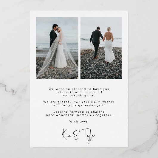 Moderne roos goudfolie 2 foto's bruiloft bedankt folie uitnodiging (Achterkant)