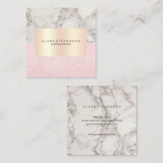 Moderne roos goudglitter en marmer bruiloft planne vierkante visitekaartje (Voorkant / Achterkant)