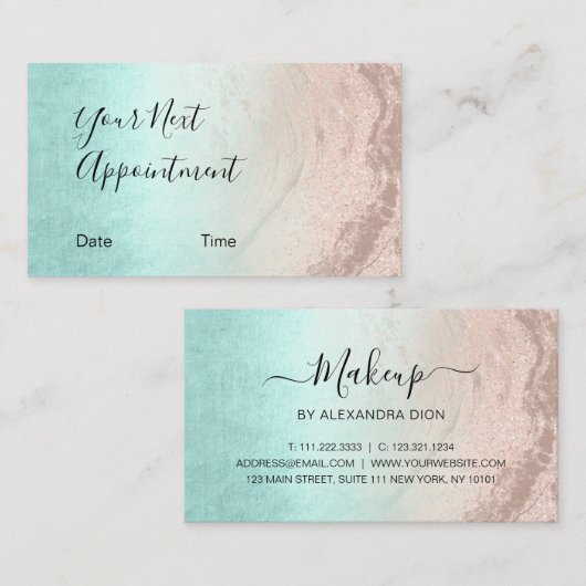 Moderne roos goudglitter make-up artiest afsprakenkaartje (Voorkant / Achterkant)