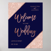 Moderne roos goudglitter marvy blue welkomstbruilo poster (Voorkant)