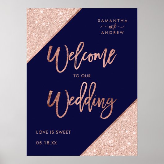 Moderne roos goudglitter marvy blue welkomstbruilo poster (Voorkant)