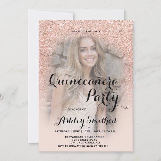Moderne roos goudglitter ombre foto Quinceañera Kaart (Voorkant)