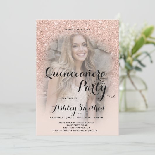 Moderne roos goudglitter ombre foto Quinceañera Kaart (Staand voorkant)