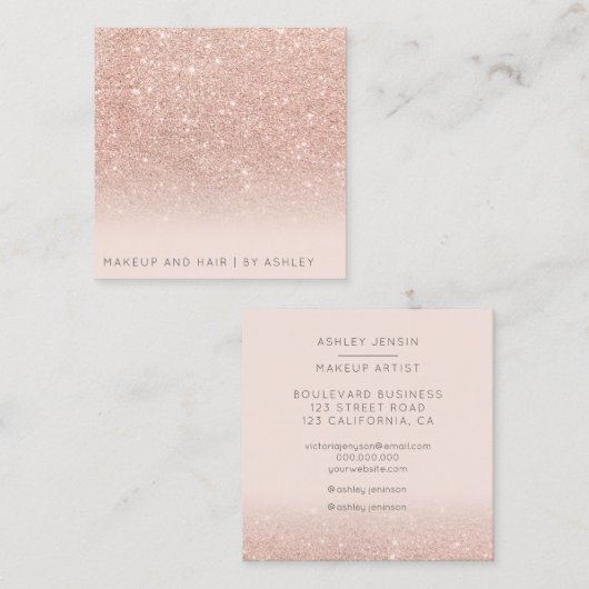 Moderne roos goudglitter ombre make-professioneel vierkante visitekaartje (Voorkant / Achterkant)