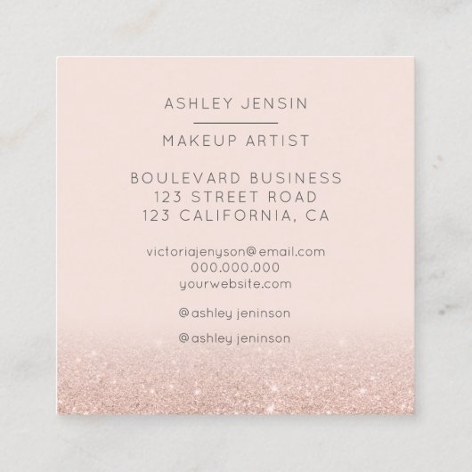 Moderne roos goudglitter ombre make-professioneel vierkante visitekaartje (Achterkant)