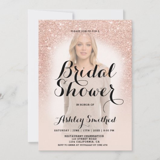 Moderne roos goudglitter ombre vrijgezellenfeest kaart (Voorkant)