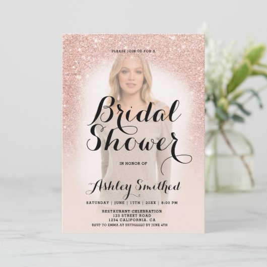 Moderne roos goudglitter ombre vrijgezellenfeest kaart (Staand voorkant)