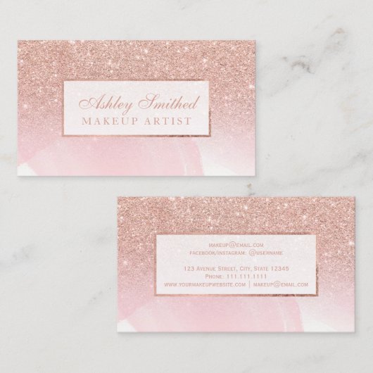 Moderne roos goudglitter roze waterverf make-up visitekaartje (Voorkant / Achterkant)
