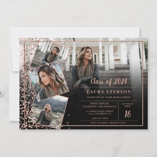 Moderne roos goudkleurige miniatuurfoto-afstuderen kaart (Voorkant)