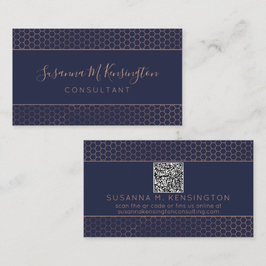 Moderne Roos goudolie marineblauw Geometrische QR- Visitekaartje (Voorkant / Achterkant)