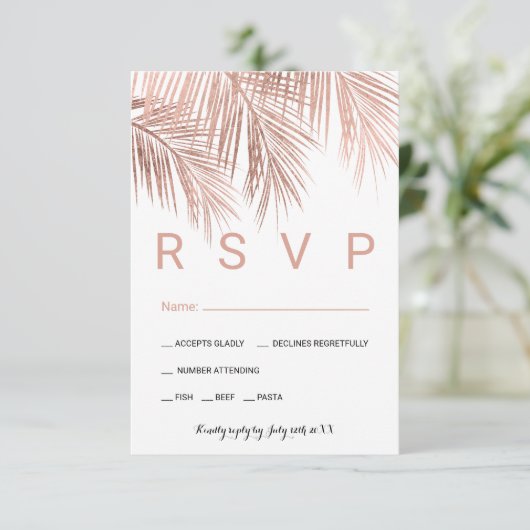 Moderne roos goudpalm eten RSVP bruiloft (Staand voorkant)