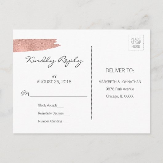 Moderne Roos goudpenseel RSVP-Briefkaart Uitnodiging Briefkaart (Achterkant)