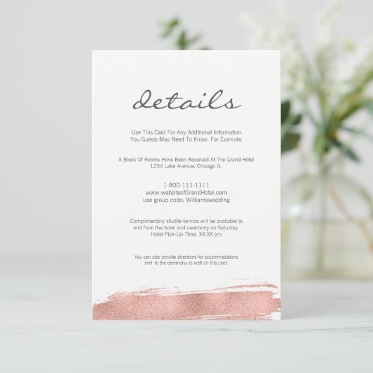 Moderne Roos goudpenseelbruiloft Kaart details (Staand voorkant)