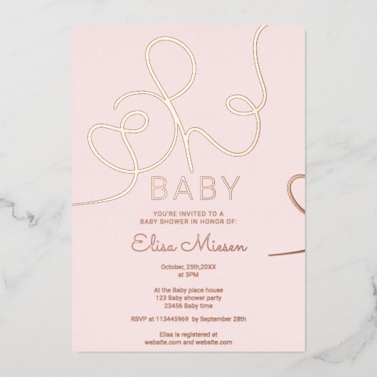 Moderne roos goudroze kalligrafie Oh baby shower Folie Uitnodiging (Voorkant)