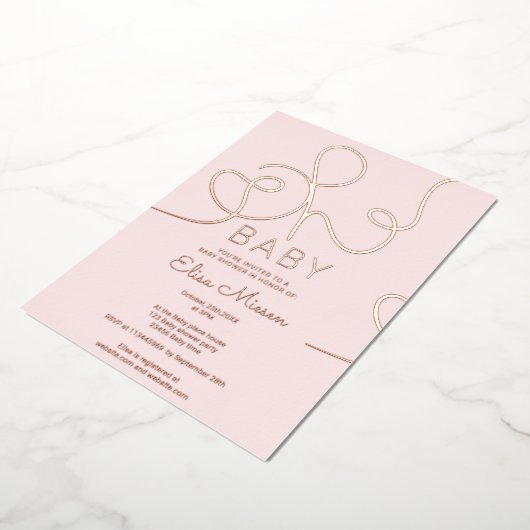 Moderne roos goudroze kalligrafie Oh baby shower Folie Uitnodiging (Gedraaid)