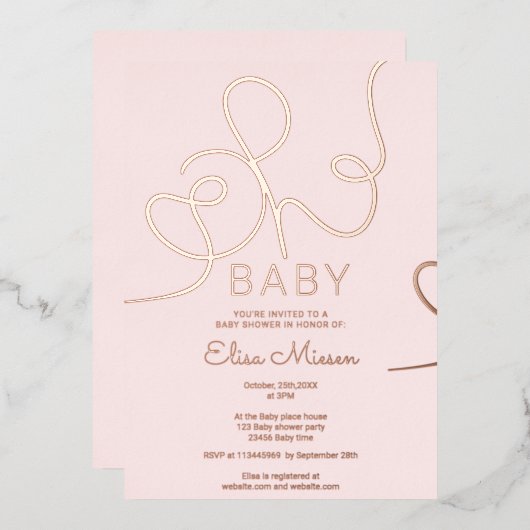 Moderne roos goudroze kalligrafie Oh baby shower Folie Uitnodiging (Voorkant / Achterkant)