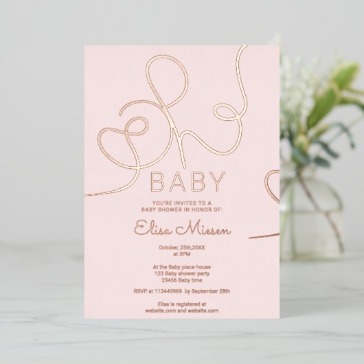 Moderne roos goudroze kalligrafie Oh baby shower Folie Uitnodiging (Staand Voorkant)