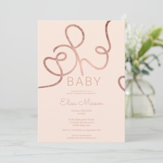 Moderne roos goudroze kalligrafie Oh baby shower Kaart (Staand voorkant)