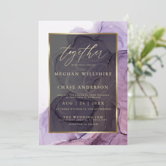 Moderne Roos Plum Paars Alcohol Ink Invitation Kaart (Staand voorkant)