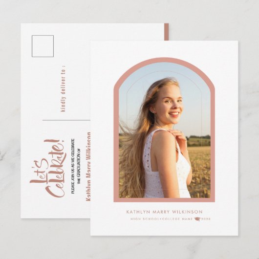 Moderne Roos Roze Arch Eenvoudige Foto Afstuderen Uitnodiging Briefkaart (Voorkant / Achterkant)