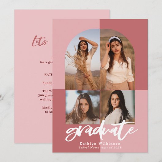 Moderne Roos Roze Arch Multi Photo Afstudeerder Kaart (Voorkant / Achterkant)