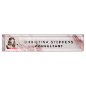 Moderne Roos Roze Blush Marble Stone Pattern Foto Naambordje (Voorkant)