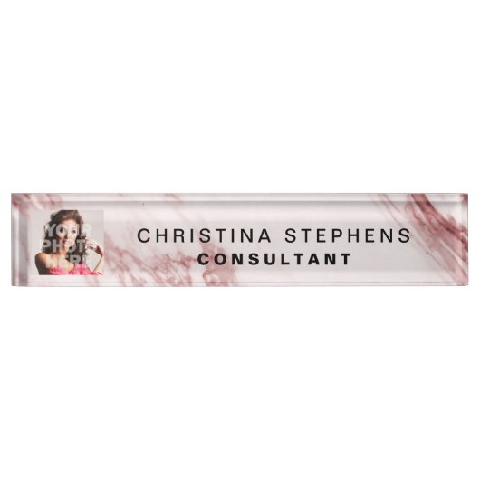 Moderne Roos Roze Blush Marble Stone Pattern Foto Naambordje (Voorkant)