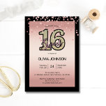 Moderne Roos roze glitter Sparkle Sweet 16 Kaart<br><div class="desc">Moderne faux roos gouden folie...  liefst zestien 16 verjaardagsfeestjes voor die speciale tiener. Zwarte achtergrond met roos roze tinten. Personaliseer door naam en partijinformatie toe te voegen.</div>
