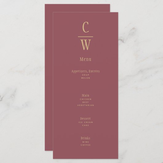 Moderne Roos roze gouden bruiloft-monogrammen Menu (Voorkant / Achterkant)