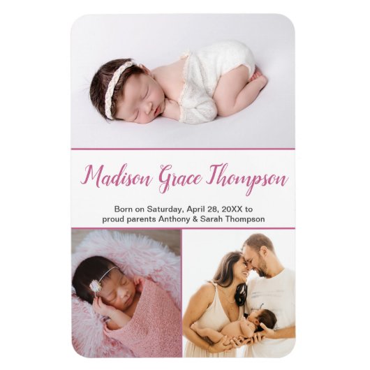 Moderne Roos Roze Script Baby Girl Foto's Magneet (Verticaal)