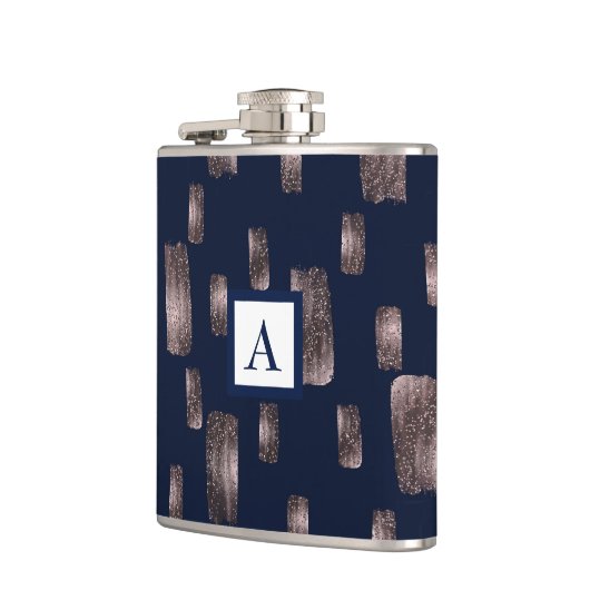 Moderne Roos voor schilderpenselen, goud en marine Heupfles (Links)