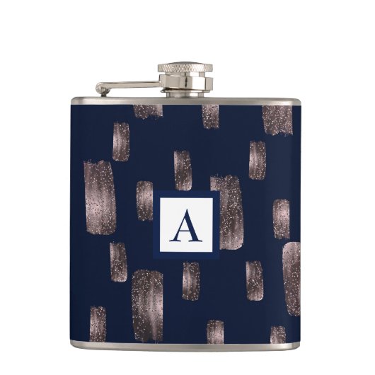 Moderne Roos voor schilderpenselen, goud en marine Heupfles (Voorkant)