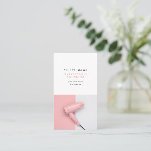 Moderne Roos Witte haardroger Foto Salon Visitekaartje (Staand voorkant)