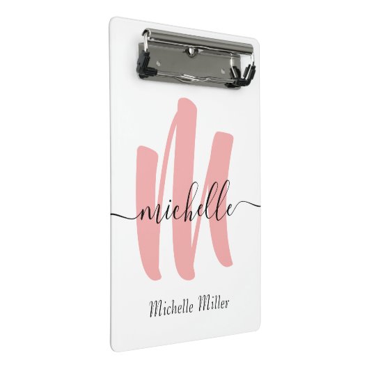 moderne roos witte monogram initiaal handelsnaam mini klembord (Schuin)