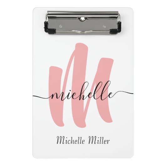 moderne roos witte monogram initiaal handelsnaam mini klembord (Voorkant)
