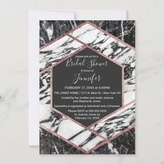 Moderne roosgouden rand zeshoekige bruiloftsinvita kaart (Voorkant)