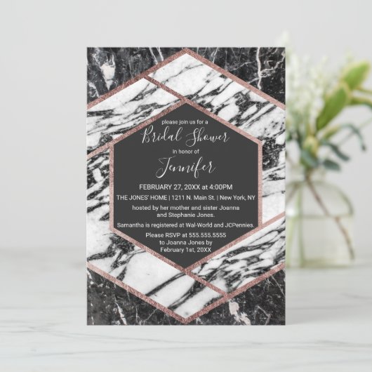 Moderne roosgouden rand zeshoekige bruiloftsinvita kaart (Staand voorkant)