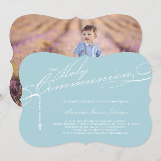 Moderne Rosary First Heilige Communie Foto Religio Kaart (Voorkant / Achterkant)