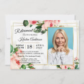 Moderne Rosy Blush Floral Foto Retirement Party Kaart (Voorkant)